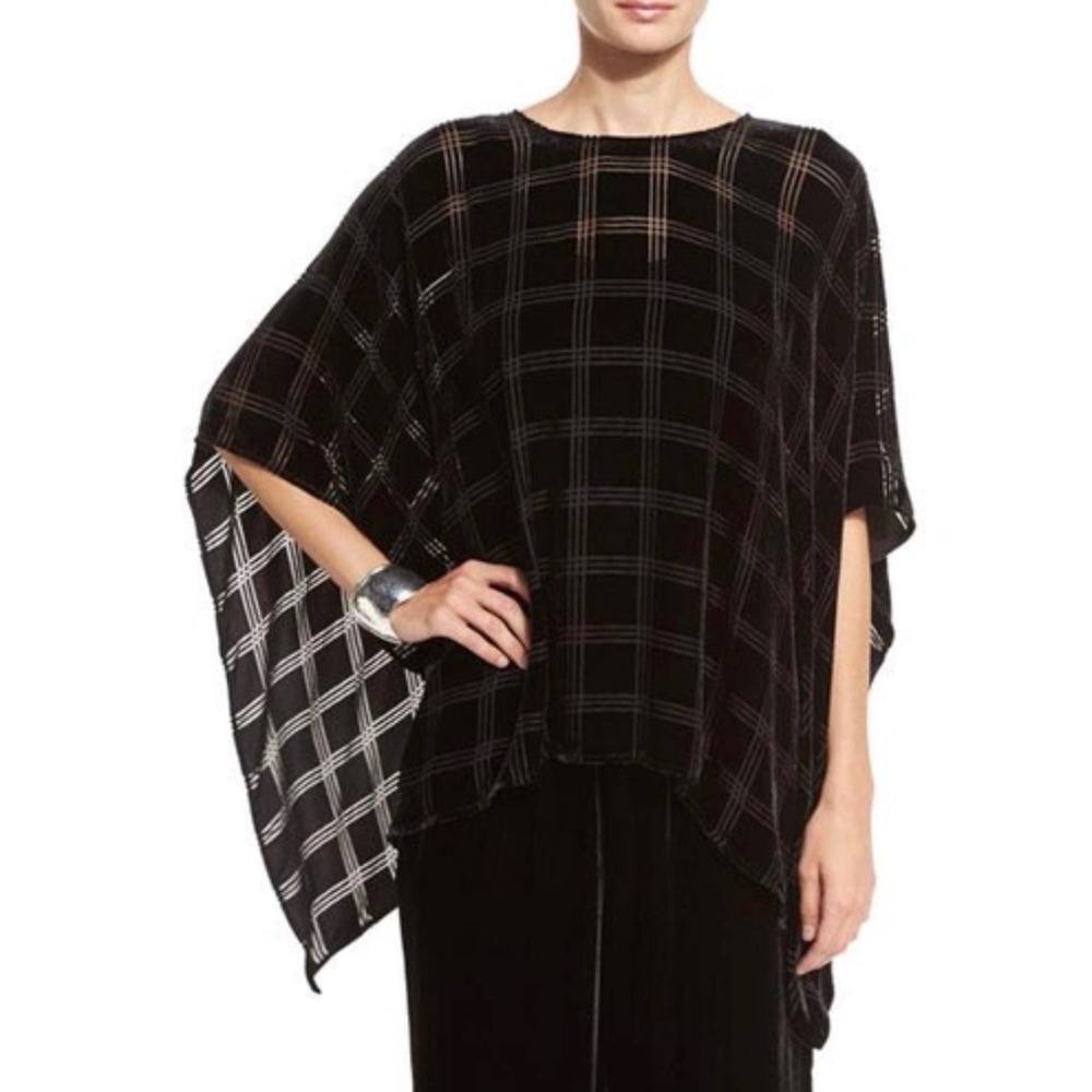 Eileen Fisher Poncho Women‎ OS Black Silk Blend Velvet Burnout Grid Oldmoney NWT